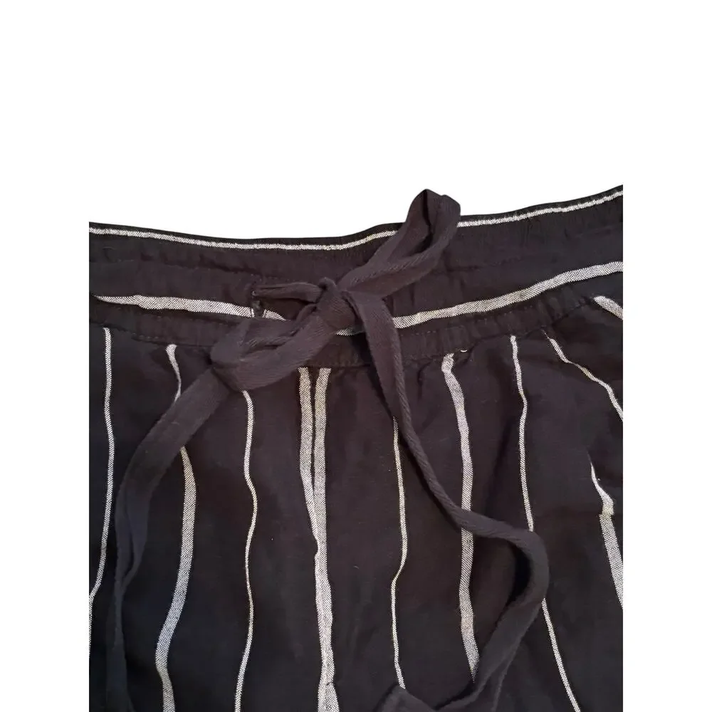 Black White Pinstripe Linen Rayon Wide Leg Cropped Pants XL Casual Coastal Boho - Picture 2 of 9